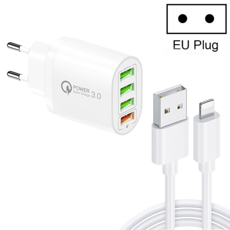 QC-04 QC3.0 + 3 caricabatterie multiporta USB 2.0 con cavo dati da USB a 8 pin da 3 A, spina UE, EU Plug + 8 Pin Cable QC-04 QC3.0 + 3 caricabatterie multiporta USB 2.0 con cavo dati da USB a 8 pin da 3 A, spina UE, EU Plug + 8 Pin Cable